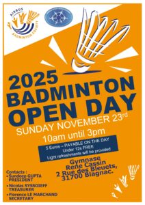 Lire la suite à propos de l’article BADMINTON SOCIETY : RAPPEL de notre OPEN DAY Dimanche 23 NOVEMBRE