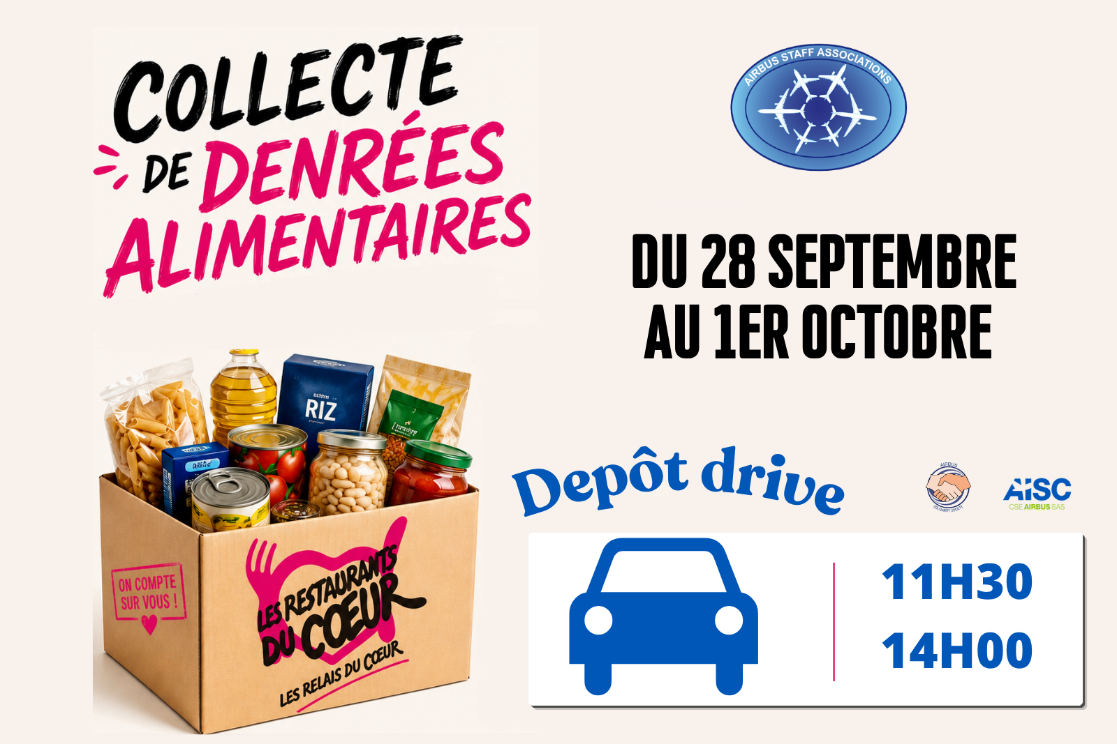 Collecte de denrées alimentaires au profit des Restaurants du Cœur : relevons le défi ensemble !